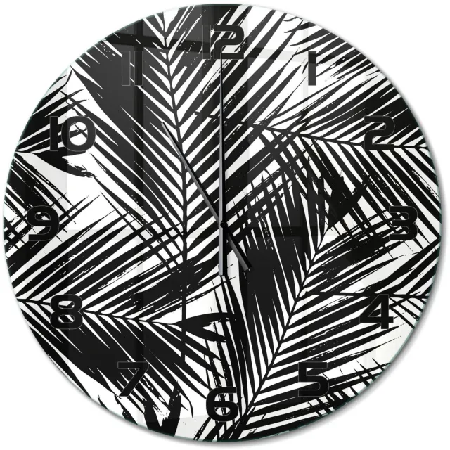 TULUP Wandklok - Palmbladeren Glazen Wandklok Design - fi60 cm - Zwart-wit Klok Glas Met Opdruk - Zwarte handen - Ronde Klok - Wandklok Glas Met Motief - Decoratieve Glazen Klok