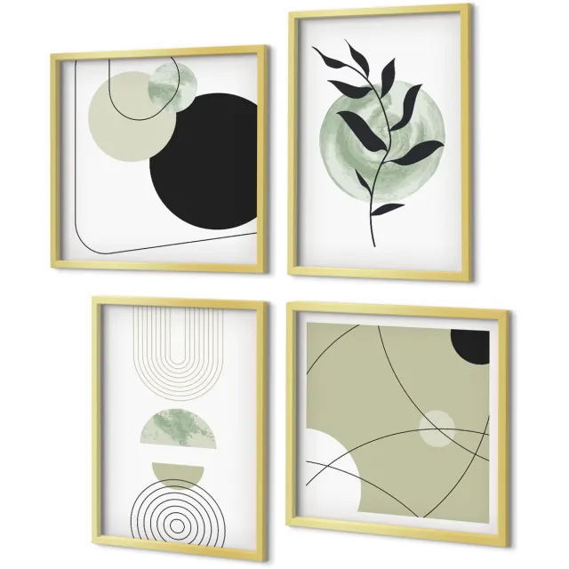 Coloray 4-Delige Schilderij Set - Abstracte vormen en plantmotieven in groen - 40 x 40 cm en 40 x 60 cm - Stijlvolle Muurdecoratie - Slaapkamer Gouden lijst