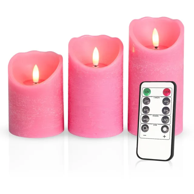 Meisterhome 3 x Led Stompkaars Rustiek - Roze – Stompkaars Echte wax – Led kaarsen - 10 / 12.5 / 15 cm Hoog - Met afstandsbediening – Timer 2/4/6/8 uur - Dimbaar