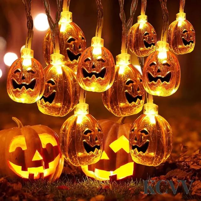 KCVV Halloween verlichting -halloween pompoenen met licht- 6 meter, 40 ledlampjes - Ondersteunt twee lichtstanden - Werkt op USB met afstandsbediening - Voor buitenfeesten en Halloween decoratie binnenshuis - Oranje - 6 meter