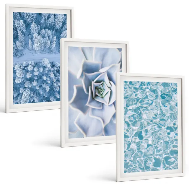 TULUP 3-Delige Schilderij Set - Winterbos, blauwe bloem, blauw wateroppervlak - 40x60 - Muurdecoratie - Wanddecoratie - Hal - Decoratieve Schilderijen Witte lijst