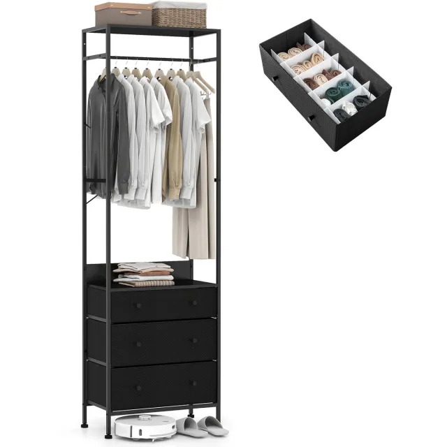 Costway Kapstok met 3 laden, garderobe met ophangstang en opbergvakken, kledingstandaard vrijstaand, industriële halgarderobe voor hal en slaapkamer, 55 x 28 x 176 cm (zwart)