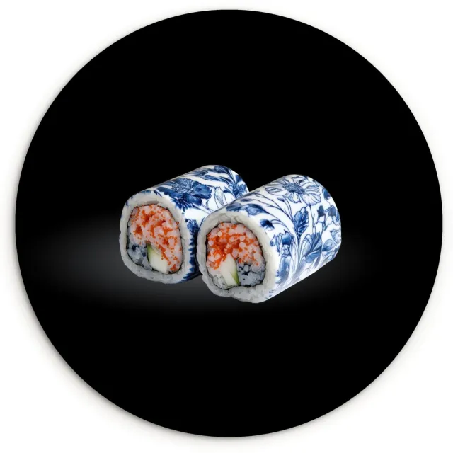 WallCircle Wandcirkel 140x140 cm - Muurcirkel Sushi - Delfts blauw - Rijst - Vis - Elegant - Muurdecoratie woonkamer - Wanddecoratie slaapkamer - Kamer decoratie accessoires - Ronde schilderijen Sushi - Delftsblauw