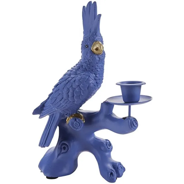 ZoeZo Design Kandelaar - papegaai - blauw - goud - hoogte 22 cm - Breedte 15 cm - polyresin