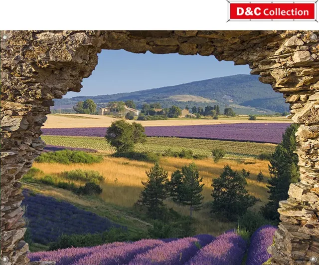 D&C Collection tuinposter - 90x65 cm - doorkijk - Gat in rots Lavendel - schuttingposter - tuindecoratie - tuindoek multi
