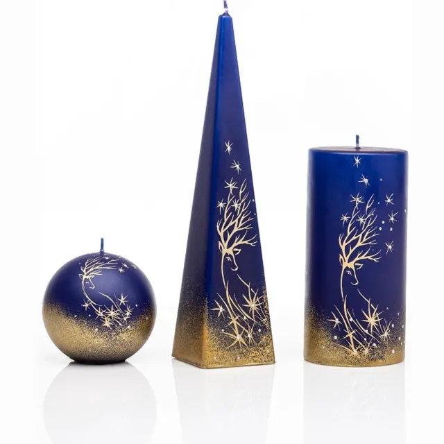 Jakelis Kaarsen - Set - Handgeschilderd - kerststerren - kerst - goudkleur - sneeuw - glitters blauw/goud/ster