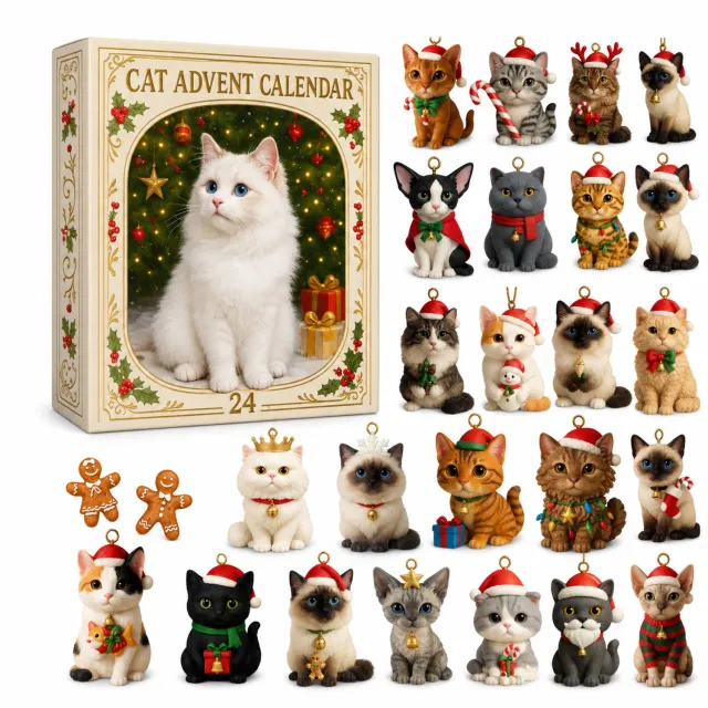 SWGOTA Adventskalender 2026 met 24 kattenhangers voor de kerstboom - Feestelijke kattenfiguren in doos met kattenillustratie Wit