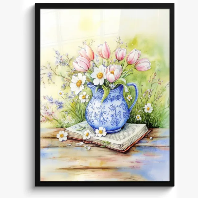 FrameYourWall Poster in lijst - Fotolijst 50x70 cm - Posters - Vaas - Delftsblauw - Madeliefjes - Posterlijst zwart - Decoratie - Wanddecoratie woonkamer - Muurdecoratie slaapkamer