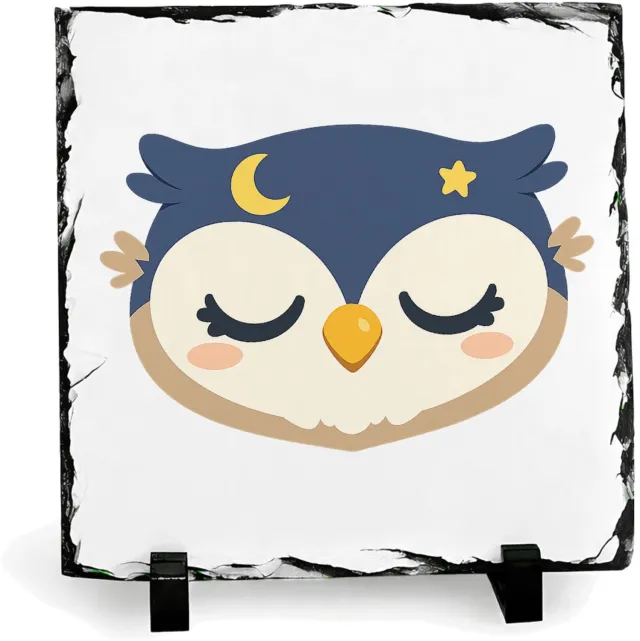 Mr Cadeautjes Leisteen vierkant 19,5 x 19,5 - design Een rustige, schattige bosdieren-serie met een slaperige uil | cadeau Wit