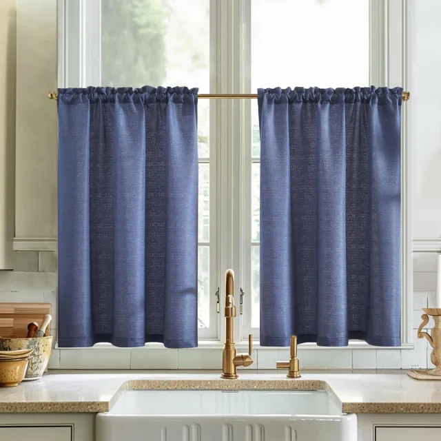 Ibenzoa Set van Twee Blauwe Bistrogordijnen in Linnenlook, 90x60cm, Jacquard Geweven, Set van 2