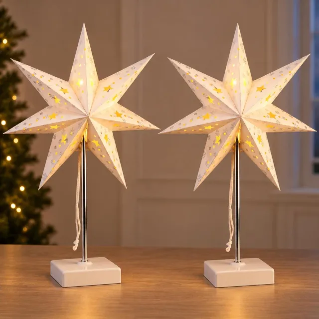 Hi verlichte kerstster - 2x - op standaard - wit - 35 cm - op batterijen - tafellamp