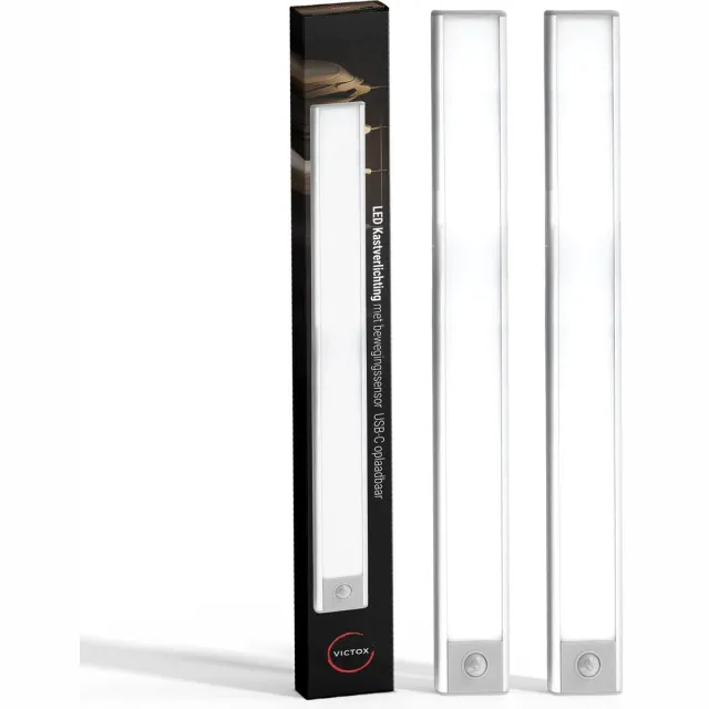 Victox LED Kastverlichting met bewegingssensor - 2 x 40 cm - USB-C Oplaadbaar - 3 Kleurtemperaturen - Magnetisch - Draadloos - Zilver (2-Pack) Wit 40cm 2pack