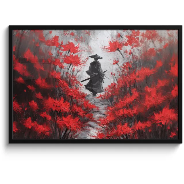 FrameYourWall Poster in lijst - Fotolijst 90x60 cm - Posters - Rode bloemen - mistig - Man - Posterlijst zwart - Decoratie - Wanddecoratie woonkamer - Muurdecoratie slaapkamer Bloemen - Man - Mistig