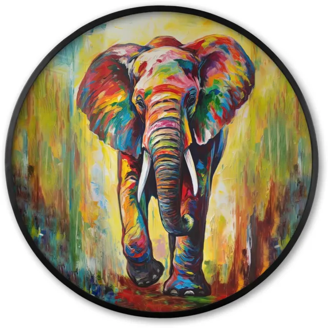 FrameYourWall Poster in lijst Rond - Fotolijst 80x80 cm - Posters - Olifant - Kunst - Schilderij - Dieren - Regenboog - Ronde posterlijst zwart - Decoratie - Wanddecoratie woonkamer - Muurdecoratie slaapkamer Olifant - Verf