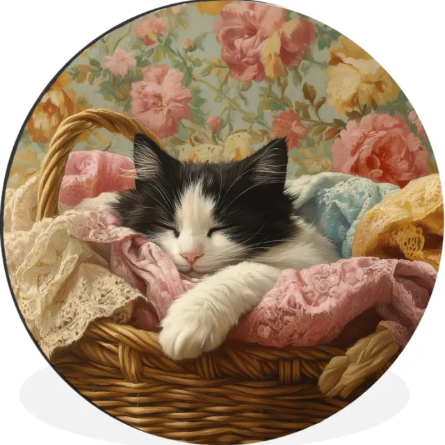 WallCircle Wandcirkel - Muurcirkel - Kat - Bloemenprint - Rieten mand - Aluminium - Dibond - 140x140 cm - Binnen en Buiten Kat - Bloemenprint - Mand