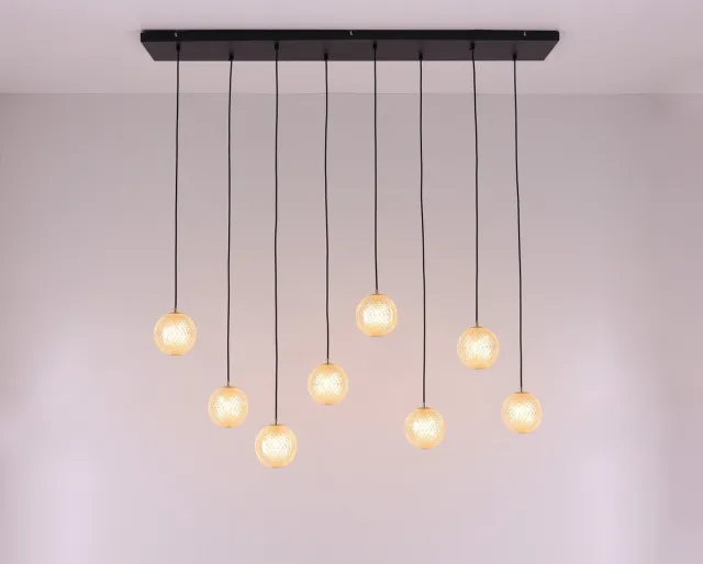 Barco Hanglamp 8 lichts Mystic - zwart amber goud - G9 - plafondplaat 125cm met 8 acryl hangers