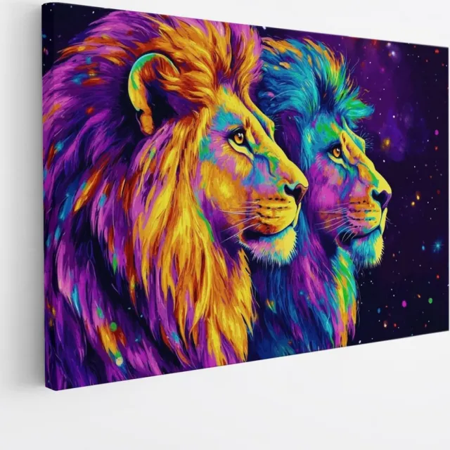 Saammp Canvas Schilderij - Twee Abstracte Leeuwen - Dieren - Natuur - 50x40 - Foto op canvas - Wanddecoratie - Muurdecoratie Woonkamer - Slaapkamer decoratie - Canvas Print Multicolor