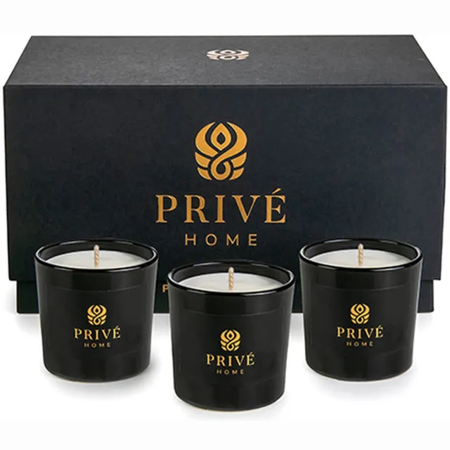Privé Home set van drie Luxe Geurende Soja Kaarsen met de geuren Tobacco & Leather - Oud & Bergamote - Muscs Poudres Zwart