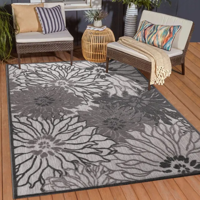 Muratap Floral Outdoor - Buitenkleed Tuin - Weerbestendig Vloerkleed - Grijs
