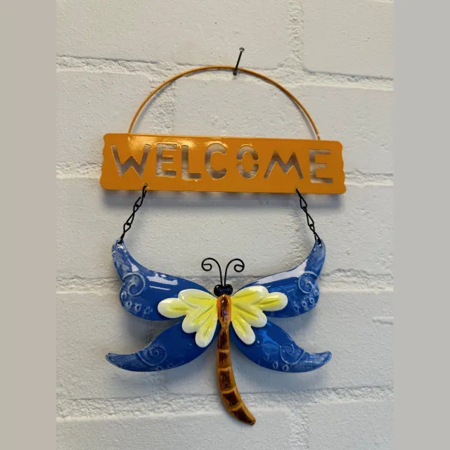 Impuls Metalen decoratie tuin hanger "welcome" libelle - blauw + oranje - hoogte 30 x 20 x 1 cm - Woonaccessoires - Decoratieve hangers - Tuinaccessoires Blauw + oranje - libelle