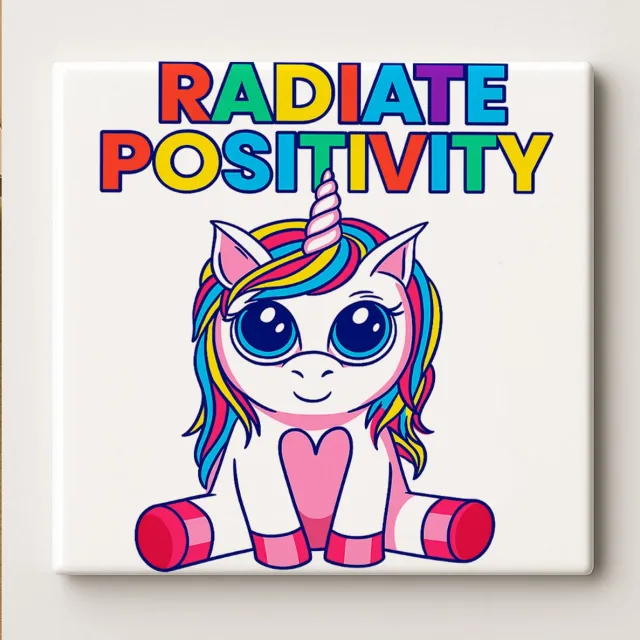 Nevolis Schattige Eenhoorn Tegel met "Radiate Positivity" Citaat – 15x15cm Kleurrijke Inspirerende Keramische Muurdecoratie Multi Color