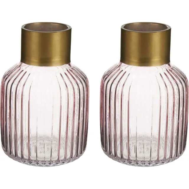 Giftdecor Bloemenvazen 2x stuks - Decoratie glas - roze/goud - 12x18 cm Transparant