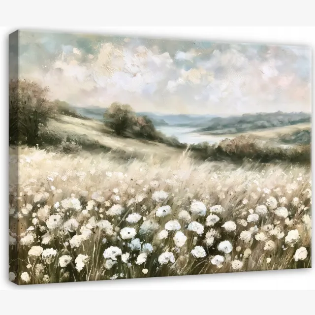 WALLARENA Schilderij op canvas - 100x70 cm - veld met wilde bloemen in boho-stijl - wanddecoratie voor woonkamer en slaapkamer Beige
