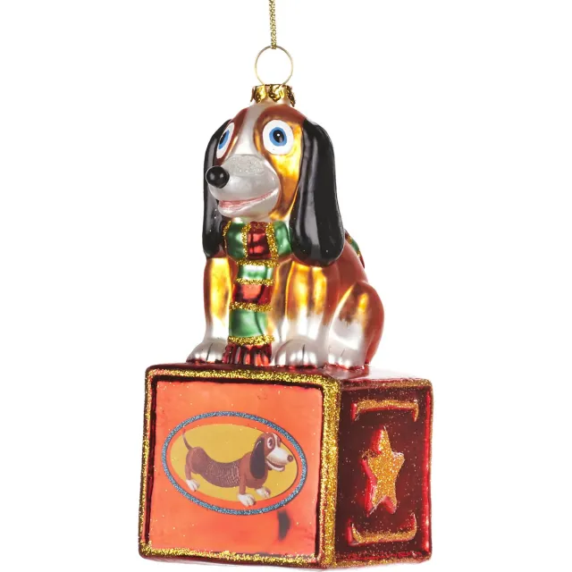 Viv! Christmas Kerstornament - Speelgoedhond - glas - bruin rood groen - 14cm