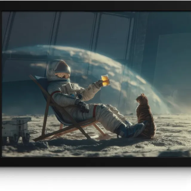 FrameYourWall Poster in lijst - Fotolijst 40x30 cm - Posters - Astronaut - Kat - Glas - Stoel - Posterlijst zwart - Decoratie - Wanddecoratie woonkamer - Muurdecoratie slaapkamer