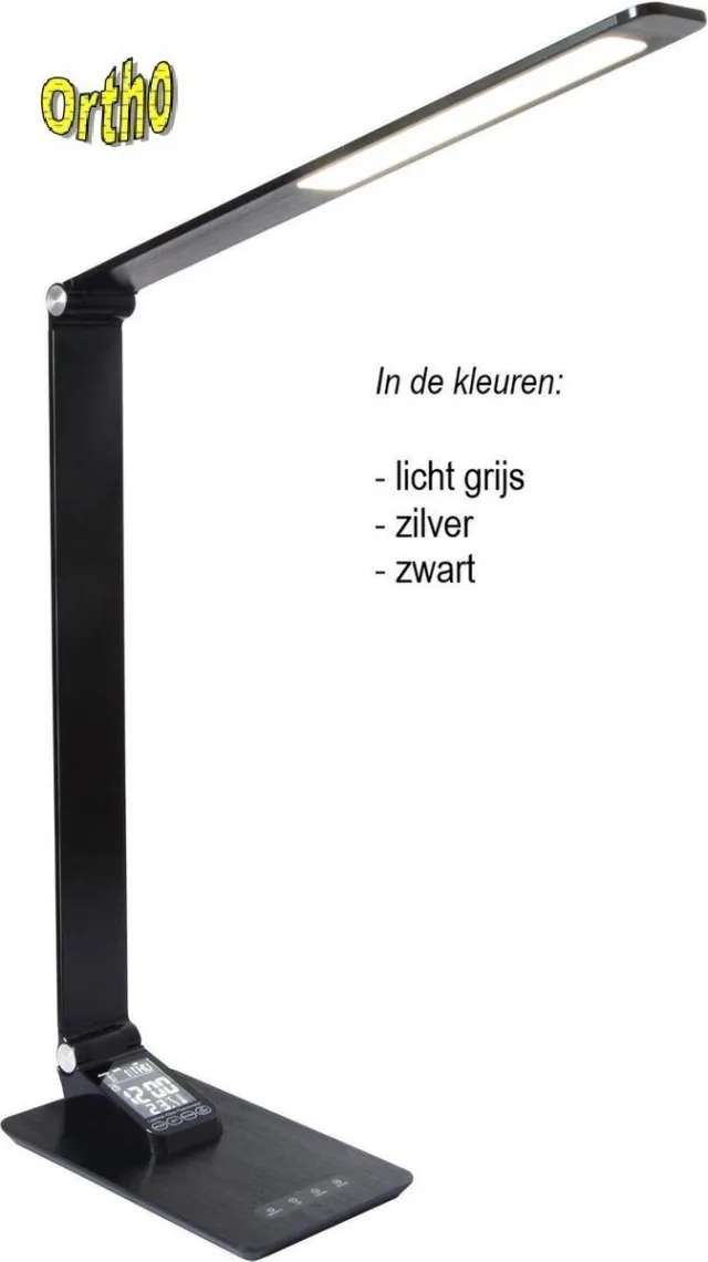 Ortho® - Luxe Bureaulamp Zwart - LED - Warm Wit en Daglicht - Dimbaar - met USB oplaadpoort - incl. Klok - incl. Kalender -Incl. Alarm - Max 12W – 2700K/6500K - Zwart