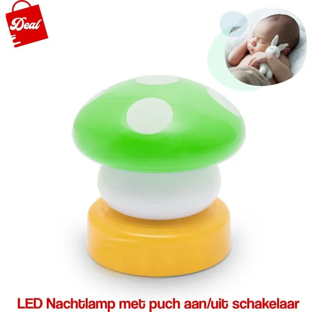 Deal LED Nachtlamp Met Push Aan & Uit Schakelaar - Groen Paddenstoeltje Groen, Wit & Geel