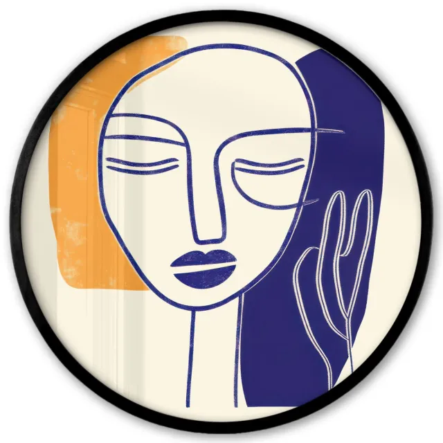 FrameYourWall Poster in lijst Rond - Fotolijst 40x40 cm - Posters - Minimalistisch - Gezicht - Hand - Oranje - Blauw - Ronde posterlijst zwart - Decoratie - Wanddecoratie woonkamer - Muurdecoratie slaapkamer Gezicht - Hand - Minimalistisch