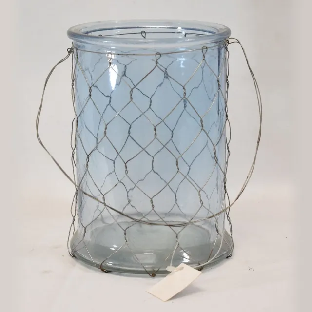 ZoeZo Design waxinelichtjeshouder - kandelaar - kaarshouder - windlicht - licht blauw - glas - met ijzerdraad - 17 x Ø 12 cm - blauw lichtblauw
