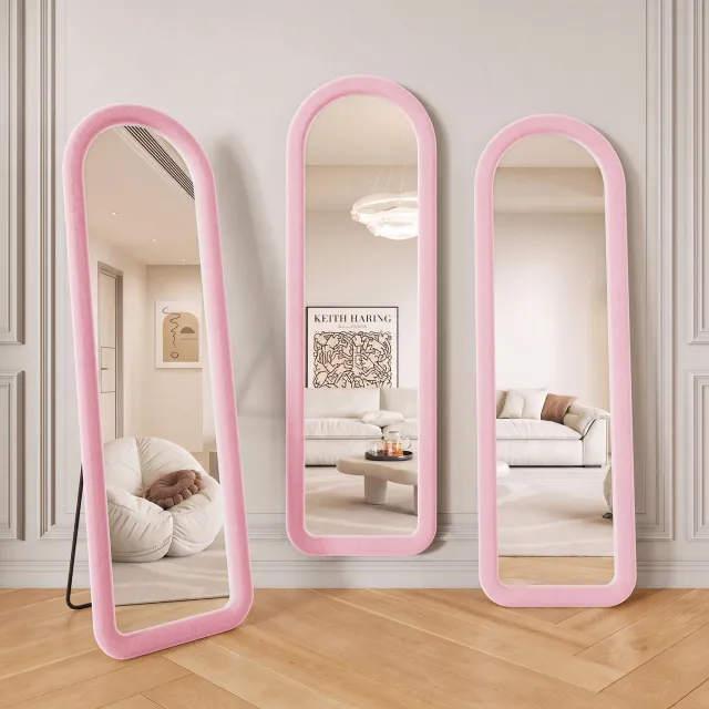 ROSAHQNDA Staande spiegel 160x50 cm, boogvormige passpiegel met fluwelen bekleding en afgeronde zachte randen, make-upspiegel voor slaapkamer, hal en woonkamer, roze