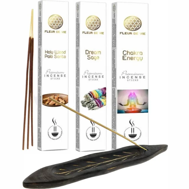 Fleur de Vie Premium Wierookstokjes - 3 Assortiment - 3 x 16 gram - Chakra Energy - Holy Wood Palo Santo - Dream Sage - Inclusief Houten Wierook Houder Bruin