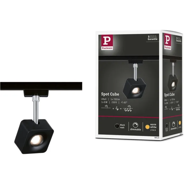 Paulmann URail Railspot Cube Losse spot 540lm 8W 2700K dimbaar 230V Zwart mat, Chroom