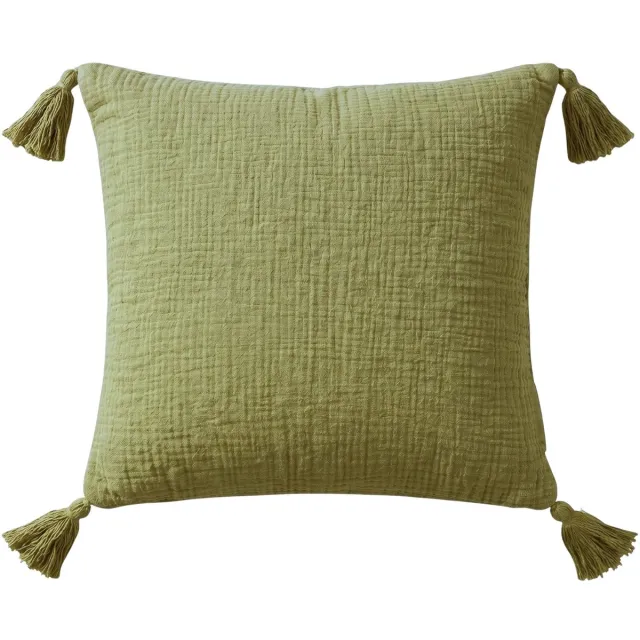 Homescapes saliegroen mousseline kussen met kwastjes, 45 × 45 cm – katoenen kussenhoes inclusief vulling