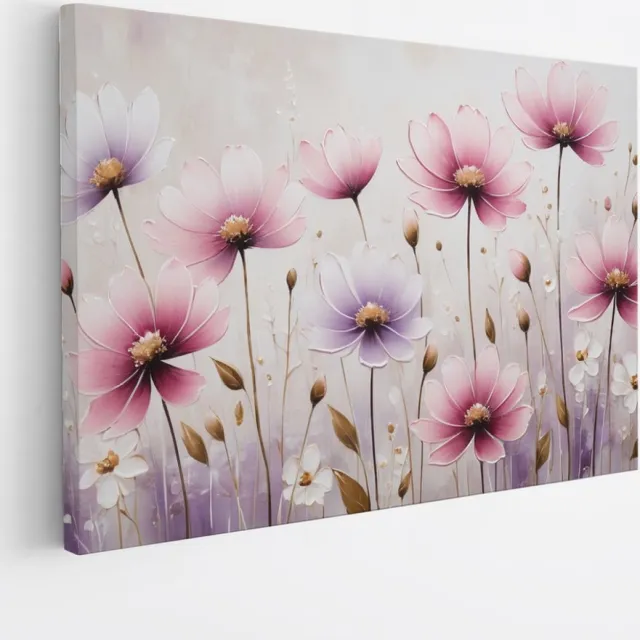 Saammp Canvas Schilderij - Roze Bloemen - Paars - Abstract - Natuur - 150x100 - Foto op canvas - Wanddecoratie - Muurdecoratie Woonkamer - Kantoor Decoratie Multicolor