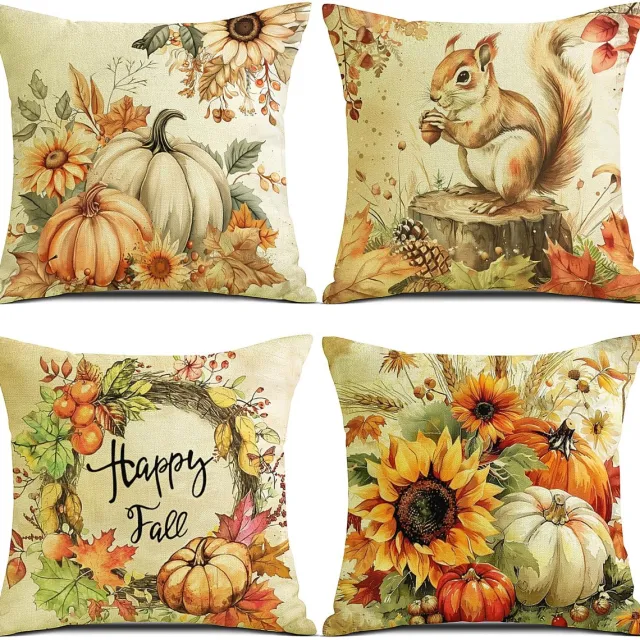 YCOLL Kussenhoezen Set van 4 - Linnen - Herfst Pompoen Decoratie - Voor Slaapkamer, Woonkamer en Buiten - 45x45 cm Herfst-01