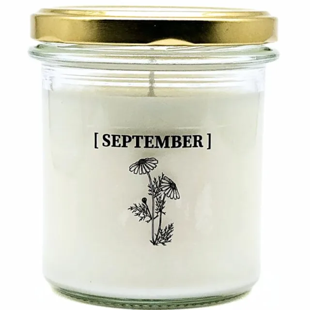 Candlelight-on geurkaars met geboortebloem en geboortedatum - 13 september - o.b.v. sojawas en etherische oliën Wit