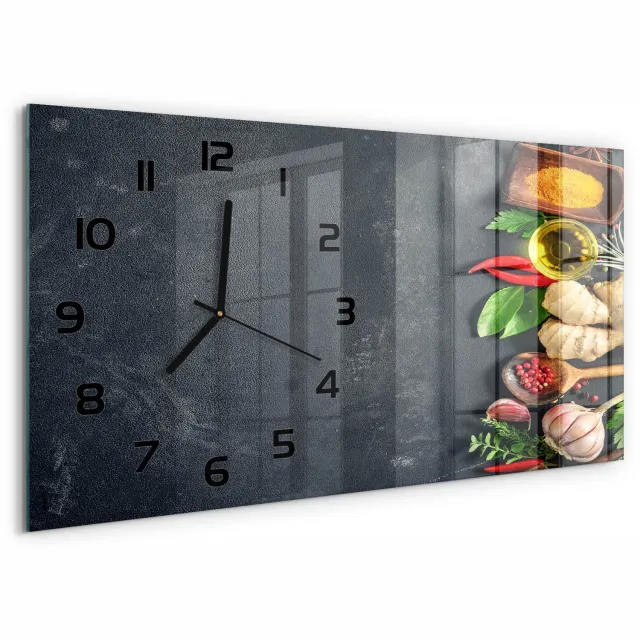 TULUP Wandklok - Kruiden en specerijen Moderne Wandklok Glas - 60x30 cm - Veelkleurig Wandklok Glas Decoratie - Zwarte handen - Rechthoekige Klok - Glazen Wandklok Design - Klok Glas Met Opdruk