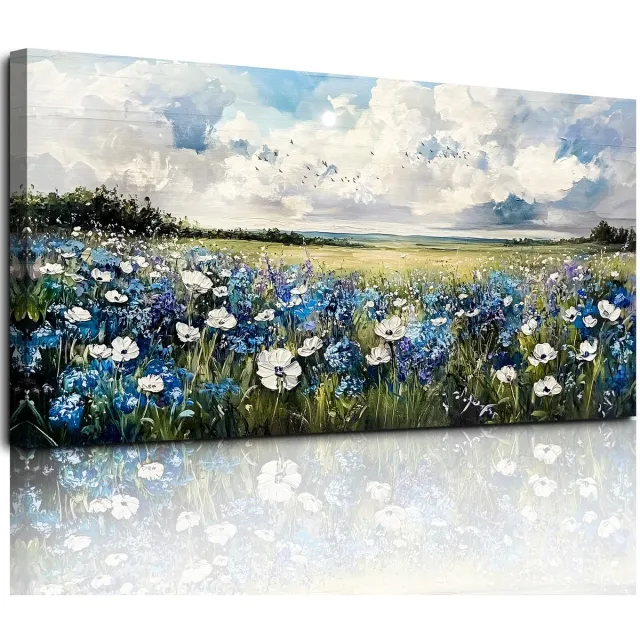 Unyqoos Verbluffende Grote Canvas Wanddecoratie met Blauwe Bloemenzee voor Elke Kamer