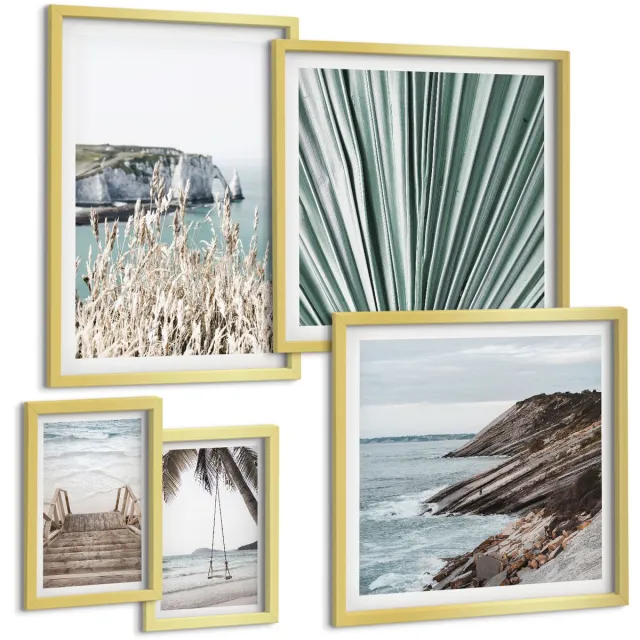 Coloray 5-Delige Schilderij Set - Kustlandschappen Met Stranden En Tropische Vegetatie - 50 x 50 cm, 20 x 30 cm En 40 x 60 cm - Wanddecoratie - Muurdecoratie - Moderne Interieurdecoratie Gouden lijst
