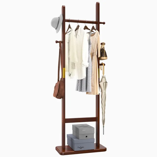 Famanu Vrijstaande kapstok van 180 cm met rechthoekige basis en 5 haken, houten kapstok met hangende staaf, ideaal voor portemonnees, kleding en sjaals in slaapkamer of woonkamer, kleur bruin