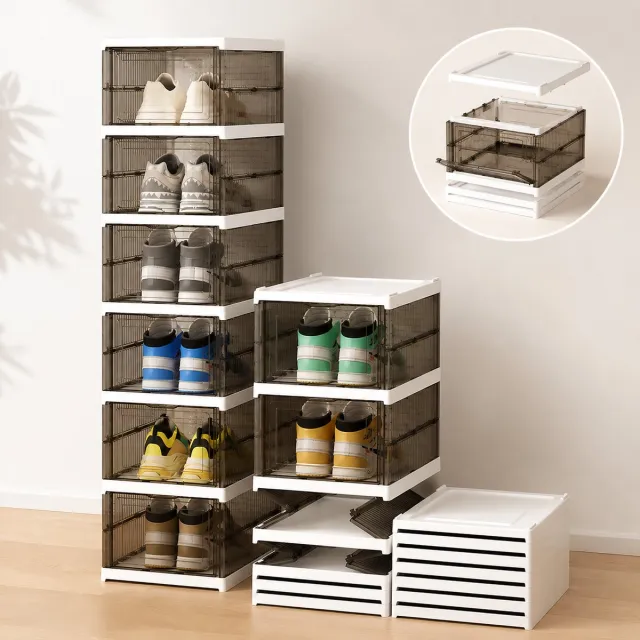 Gloovon Schoenopbergbox - Set van 6 - Stapelbaar & Opvouwbaar - Kunststof Schoenen Organizer - Ventilatie - Wit - Tot Transparant Grijs