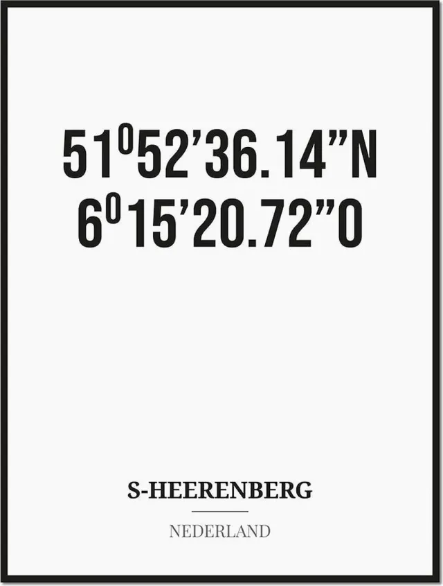 Studio216 Poster/kaart S-HEERENBERG met coördinaten zwart, wit