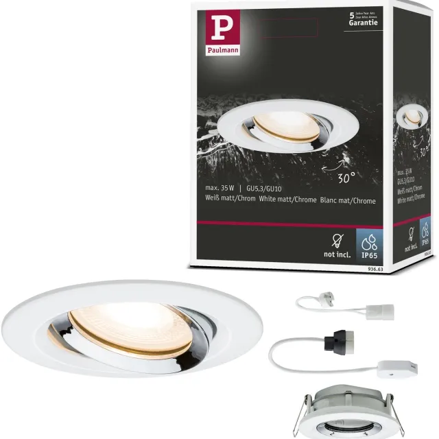 Paulmann Inbouwlamp Nova Plus zwenkbaar IP65 rond 93 mm 30° GU5,3 / GU10 max. 35W 230/12V dimbaar Wit mat, Chroom