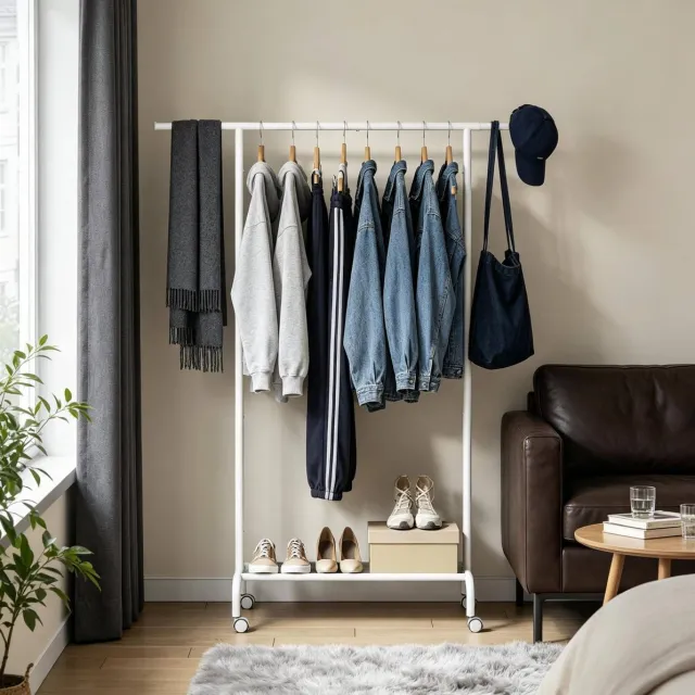 MEUNIQ Kledingrek op wielen met uitschuifbare kledingstang 84-124 cm, Oxford stoffen opbergplank, 4 zwenkwielen, wit, slaapkamer en hal