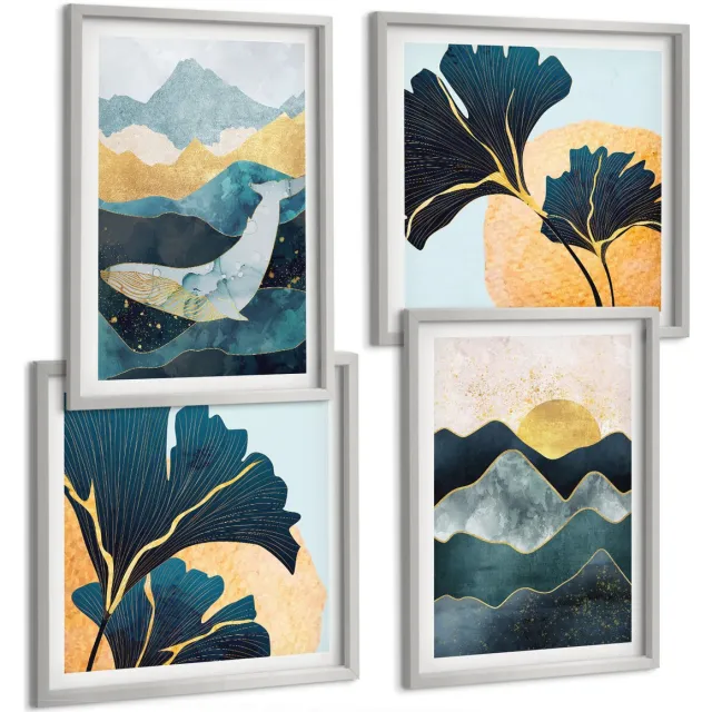 TULUP 4-Delige Schilderij Set - Abstracte esthetische vergezichten met bergen en planten - 40 x 40 cm en 40 x 60 cm - Muurdecoratie - Schilderijen Set - Woonkamer - Moderne Wanddecoratie Zilveren lijst