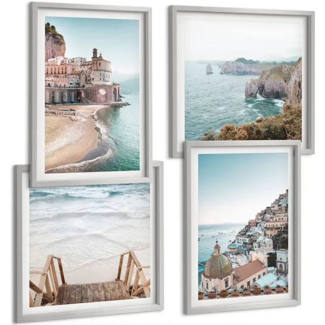 TULUP 4-Delige Schilderij Set - Zomerse pastelkleuren met architectuur aan zee en strand - 40 x 40 cm en 40 x 60 cm - Wanddecoratie - Schilderijen Set - Interieur - Moderne Wanddecoratie Zilveren lijst